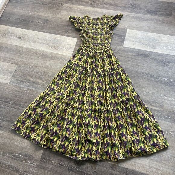 O.P.T  Midi Dress Smock Floral Watercolor Yellow Purple V-Neck Size Small - Picture 3 of 11